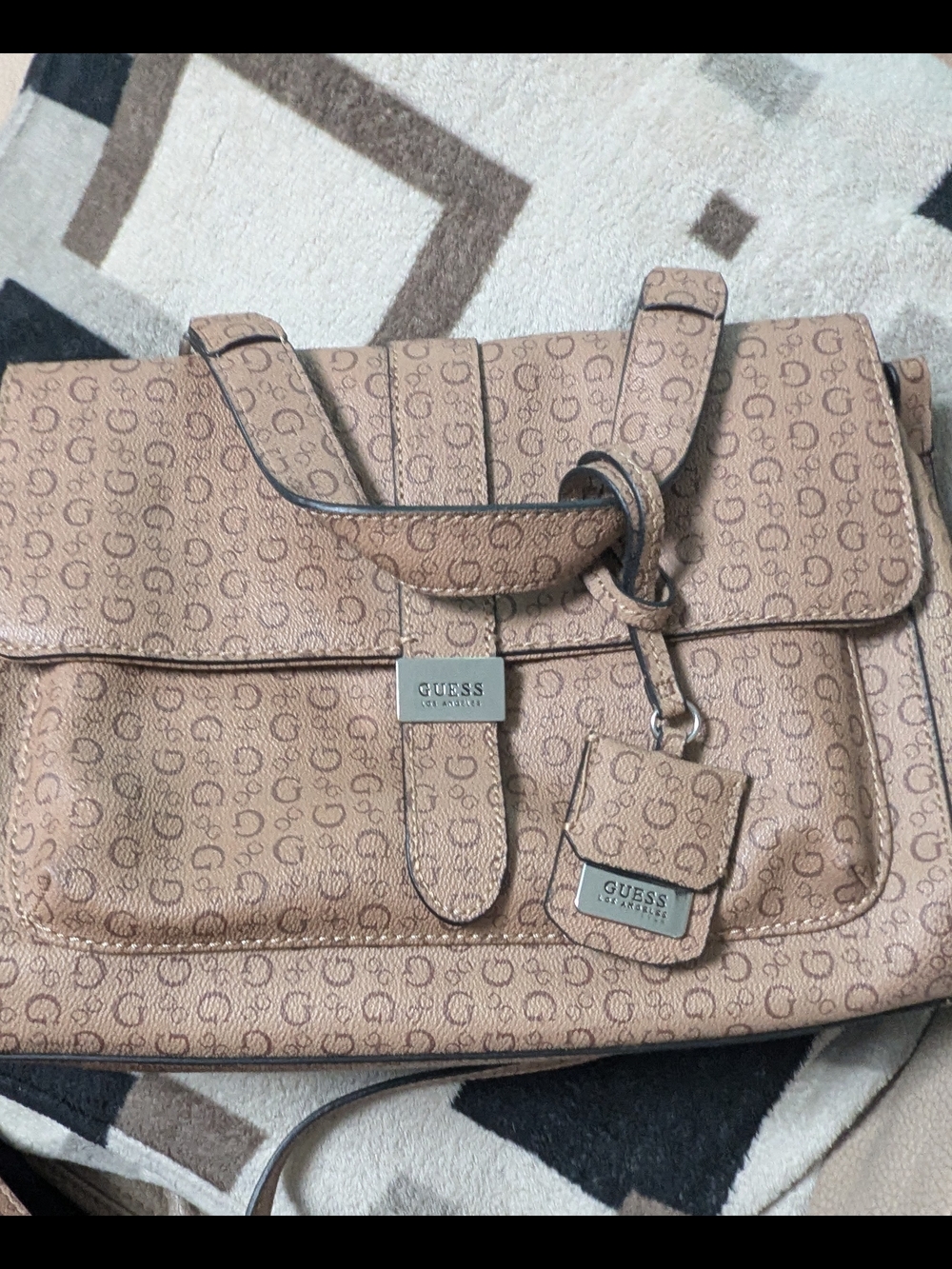 GUESS Logo-Print Tan Satchel Bag